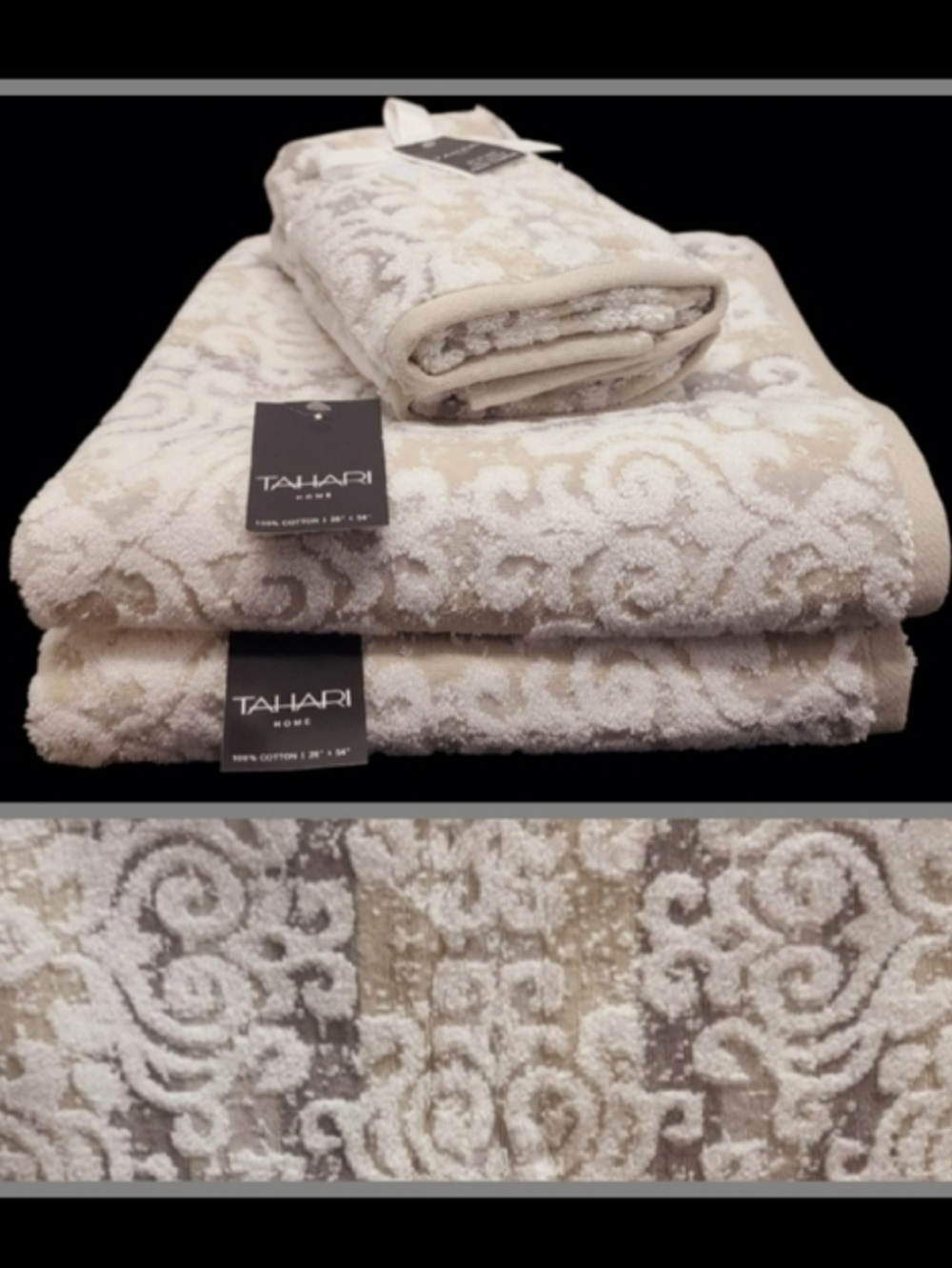 4pc TAHARI Tan & Gray Scroll Damask Luxury Plush Bath & Hand Towel Set New